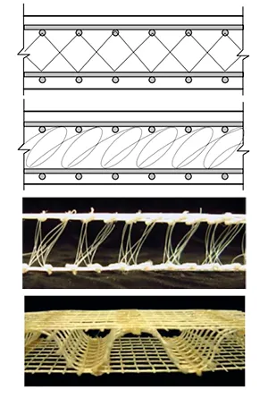 Армоцемент: стальные квадратные сетки соединенные сварными и спиральными звеньями. На нижних фото 3D-сетчатые системы с армированием FRP