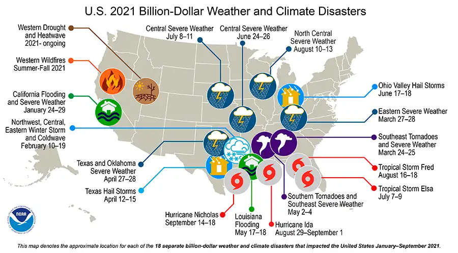 Карта стихийных бедствий США по данным NOAA