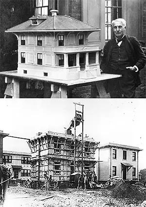 Томас Эдисон с макетом дома, и дом в процессе строительства